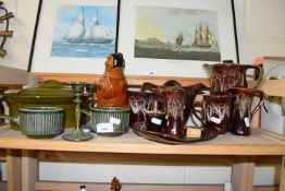 MOTTLED GLAZED COFFEE SET, VARIOUS KITCHEN WARES ETC