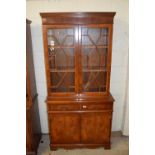 REPRODUCTION YEW WOOD VENEERED DISPLAY OR SIDE CABINET WITH GLAZED TOP SECTION WITH DRAWER AND