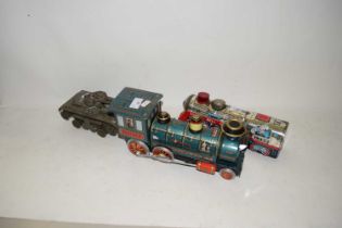 TWO VINTAGE BATTERY OPERATED TOY TRAINS AND A FURTHER TOY TANK (3)