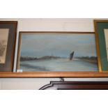 GEORGE FREEMAN STUDY OF RIVER SCENE WITH BOATS OIL ON BOARD DATED 1975, FRAMED 64CM