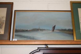 GEORGE FREEMAN STUDY OF RIVER SCENE WITH BOATS OIL ON BOARD DATED 1975, FRAMED 64CM