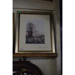 OLWYN CRAWSHAW, FROST IN THE AIR, COLOURED PRINT SIGNED IN PENCIL, FRAMED AND GLAZED, 45CM