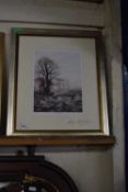 OLWYN CRAWSHAW, FROST IN THE AIR, COLOURED PRINT SIGNED IN PENCIL, FRAMED AND GLAZED, 45CM