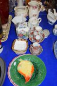 VARIOUS CERAMICS TO INCLUDE GREEN GLAZE LEAF PLATE, MASONS TEA CANISTOR AND OTHER ITEMS