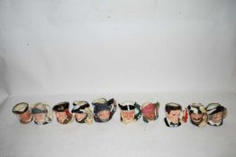 TEN SMALL ROYAL DOULTON CHARACTER JUGS TO INCLUDE RIP VAN WINKLE, THE SNOOKER PLAYER, SAM JOHNSON