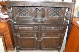 REPRODUCTION DARK OAK COURT CUPBOARD WITH LEAD GLAZED DOORS, 124CM WIDE