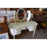 WHITE KIDNEY SHAPED DRESSING TABLE WITH TRIPLE MIRROR AND ACCOMPANYING STOOL
