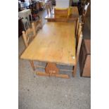 MODERN PINE REFECTORY TYPE KITCHEN TABLE AND FOUR RUSH SEATED CHAIRS, TABLE 152CM WIDE