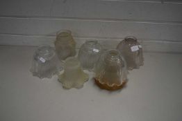 COLLECTION OF VARIOUS GLASS LIGHT SHADES TOGETHER WITH TWO BRASS MOUNTED WALL CANDLE HOLDERS