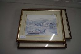 THREE COLOURED HARBOUR SCENES FRAMED AND GLAZED