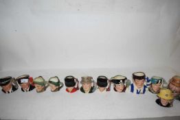 TWELVE SMALL ROYAL DOULTON CHARACTER JUGS TO INCLUDE THE POST MAN, THE GUARDSMAN, THE FAULKENER,