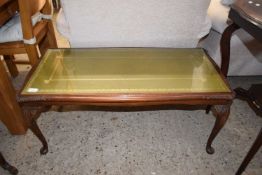 GLASS TOPPED COFFEE TABLE WITH GREEN LEATHER INSET TOP