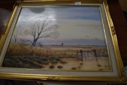 JAMES J ALLEN, 'WINTER FLOOD ON THE RIVER BURE', OIL ON BOARD, GILT FRAMED, 60CM WIDE