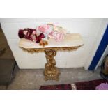 20TH CENTURY REPRODUCTION GILT WOOD STYLE HALL TABLE WITH MARBLE TOP AND CHERUB STEM, 80CM WIDE