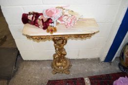 20TH CENTURY REPRODUCTION GILT WOOD STYLE HALL TABLE WITH MARBLE TOP AND CHERUB STEM, 80CM WIDE