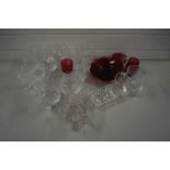 MIXED DRINKING GLASSES, GLASS DISHES ETC TO INCLUDE CRANBERRY