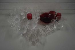 MIXED DRINKING GLASSES, GLASS DISHES ETC TO INCLUDE CRANBERRY