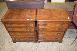 PAIR OF REPRODUCTION GEORGIAN STYLE BURR WALNUT VENEERED FOUR DRAWER CHESTS WITH PULL OUT BRUSHING