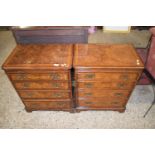 PAIR OF REPRODUCTION GEORGIAN STYLE BURR WALNUT VENEERED FOUR DRAWER CHESTS WITH PULL OUT BRUSHING