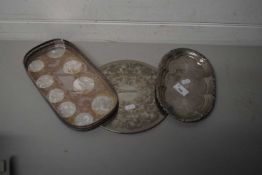 TWO SILVER PLATED TRAYS AND A SILVER PLATED STAND