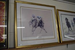 JOHN SKEAPING, THE FINISH LIMITED EDITION COLOURED PRINT SIGNED BY LESTER PIGGOTT AND SIR PETER O'