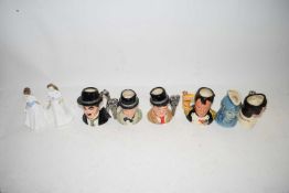 SIX ROYAL DOULTON SMALL CHARACTER JUGS TO INCLUDE CHARLIE CHAPLIN, STAN LAUREL, OLIVER HARDY,