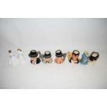 SIX ROYAL DOULTON SMALL CHARACTER JUGS TO INCLUDE CHARLIE CHAPLIN, STAN LAUREL, OLIVER HARDY,
