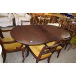 REPRODUCTION MAHOGANY TWIN PEDESTAL DINING TABLE AND SIX CHAIRS