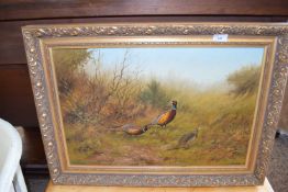 JAMES WRIGHT, STUDY OF THREE PHEASANTS, OIL ON CANVAS, GILT FRAMED, 73CM WIDE