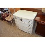 20TH CENTURY BOW FRONT WHITE FOUR DRAWER BEDROOM CHEST, 76CM WIDE