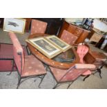 MODERN CIRCULAR GLASS TOP AND METAL FRAMED DINING TABLE AND SET OF FOUR ACCOMPANYING CHAIRS, TABLE