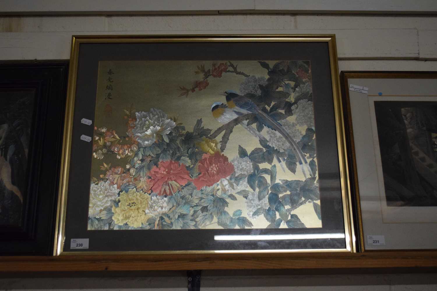 ORIENTAL COLOURED PRINT OF TWO BIRDS AMONGST FLOWERS, FRAMED AND GLAZED 63CM