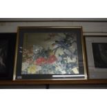 ORIENTAL COLOURED PRINT OF TWO BIRDS AMONGST FLOWERS, FRAMED AND GLAZED 63CM