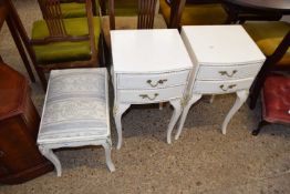 PAIR OF WHITE PAINTED TWO DRAWER BEDSIDE CABINETS AND AN ACCOMPANYING STOOL (3)