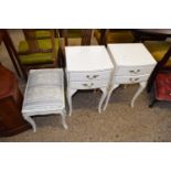 PAIR OF WHITE PAINTED TWO DRAWER BEDSIDE CABINETS AND AN ACCOMPANYING STOOL (3)