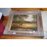T LUKKIEN STUDY OF A STAG IN WOODLAND OIL ON CANVAS GILT FRAMED 54CM
