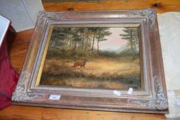 T LUKKIEN STUDY OF A STAG IN WOODLAND OIL ON CANVAS GILT FRAMED 54CM