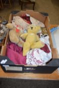 BOX CONTAINING TEDDY BEARS, DOILLIES ETC