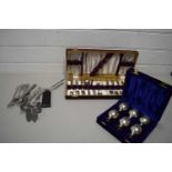 CASE OF SMALL SILVER PLATED GOBLETS, CASE OF CUTLERY PLUS FURTHER LOOSE CUTLERY
