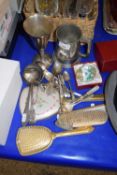 VARIOUS CUTLERY, PEWTER TANKARD, DRESSING TABLE BRUSH SET AND OTHER ITEMS