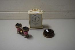 MANTEL CLOCK, OPERA GLASSES, AND A FLOWER VASE WEIGHT