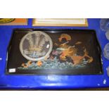 ORIENTAL SERVING TRAY DECORATED WITH DRAGONS TOGETHER WITH A ROYAL WEDDING 1981 WALL PLAQUE