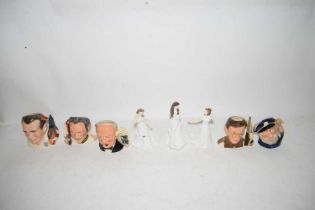 FIVE SMALL ROYAL DOULTON CHARACTER JUGS TO INCLUDE OLD SALT, SIR STANLEY MATTHEWS, WINSTON CHURCHILL