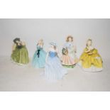 FIVE VARIOUS ROYAL DOULTON AND ROYAL WORCESTER FIGURINES TO INCLUDE 'MARKET DAY', 'BUTTERCUP' AND