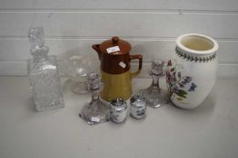 MIXED PORT MERRION BOUTANIC GARDEN VASE, VARIOUS CANDLES STICKS, DECANTER ETC