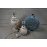TWO FLORAL DECORATED TABLE LAMPS AND A MODERN BLUE GLAZED VASE