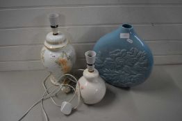 TWO FLORAL DECORATED TABLE LAMPS AND A MODERN BLUE GLAZED VASE