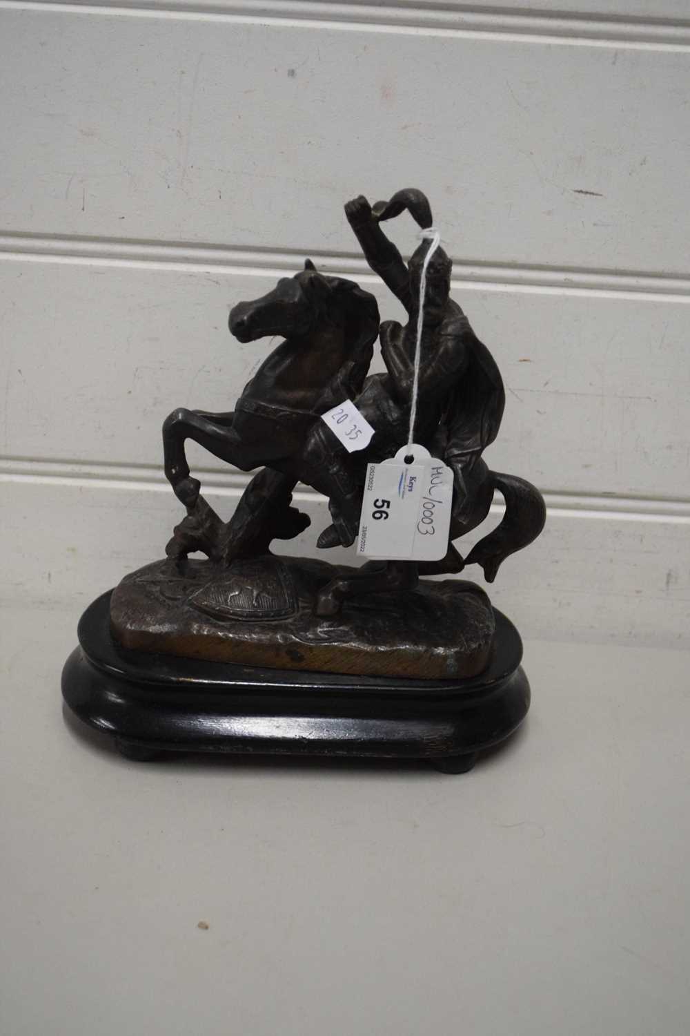 BRONZED SPELTER MODEL OF A KNIGHT ON HORSEBACK