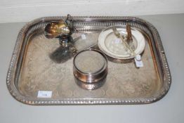 SILK PLATED SERVING TRAY, HIP FLASK ANBD VARIOUS OTHER ITEMS