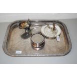 SILK PLATED SERVING TRAY, HIP FLASK ANBD VARIOUS OTHER ITEMS